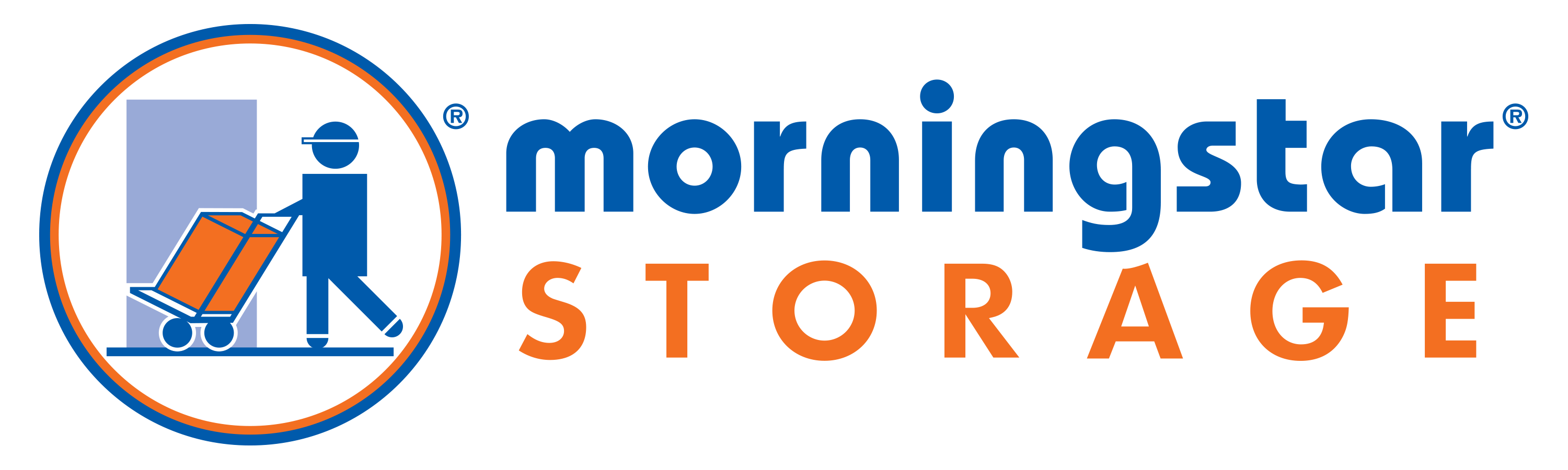 Morningstar storage text and logo of a blue person pushing a dolly with an orange box through a blue doorway