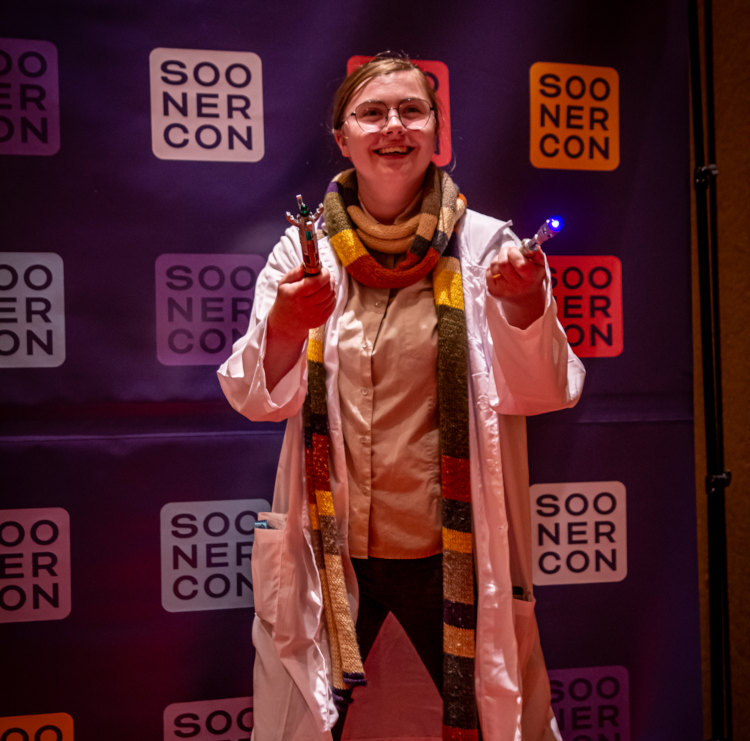 A person is cosplaying as Doctor Who in the Soonercon Cosplay Fashion Show.